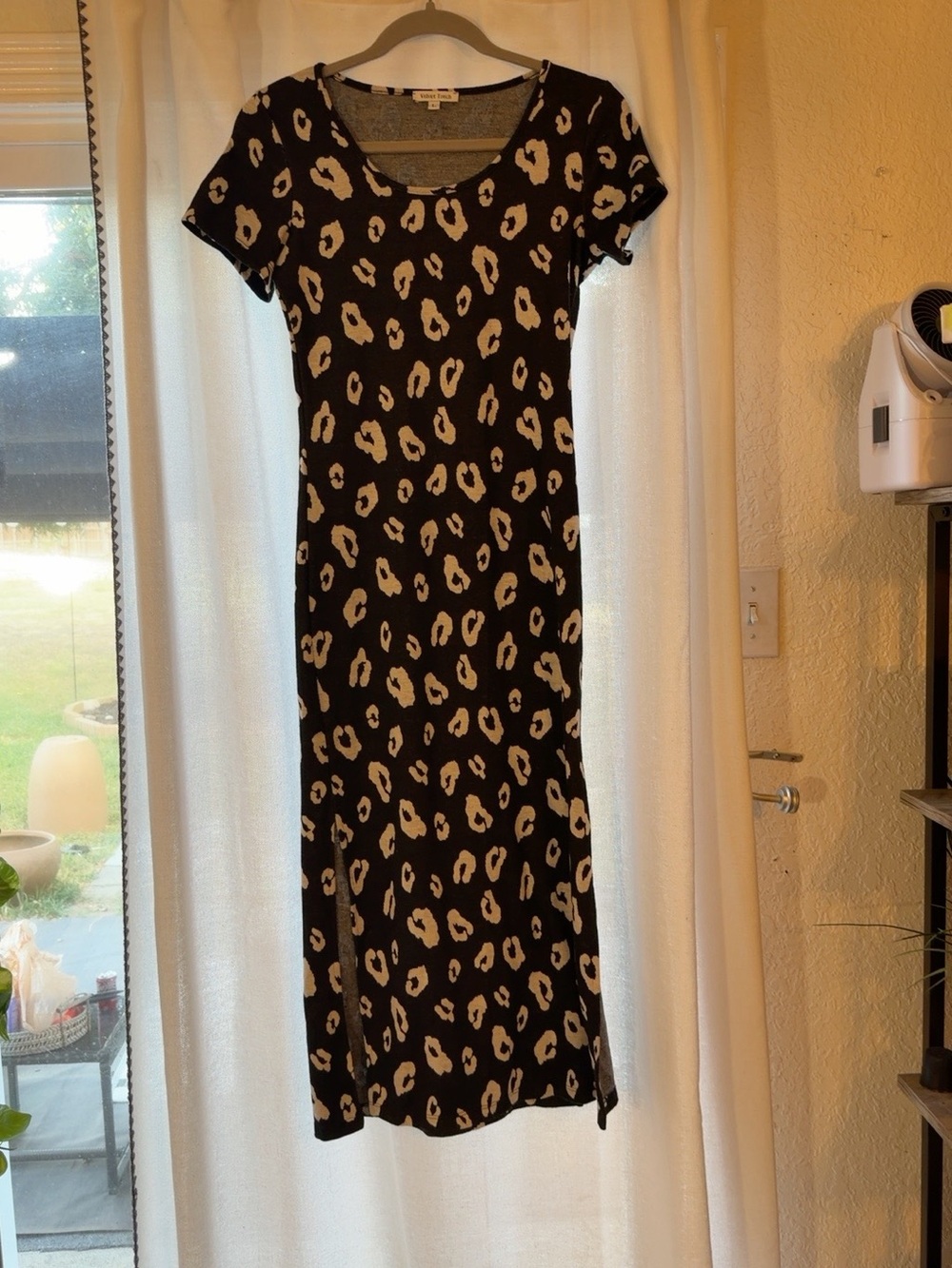 Velvet Touch Leopard Print Maxi Dress Black Tan Size Large Side Slits
